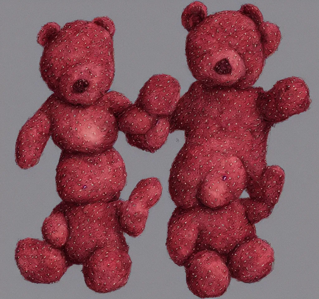 Prompt: digital art hyper realism body horror studio lighting strawberry teddy bear