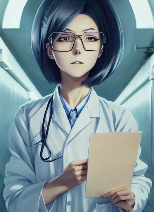 Prompt: beautiful anime girl with short white hair, wearing lab coat and glasses, holding a clipboard, standing inside a research facility, character portrait, 1 9 6 0 s, long hair, intricate, elegant, highly detailed, digital painting, artstation, concept art, smooth, sharp focus, illustration, art by wlop, charlie bowater and alexandra fomina