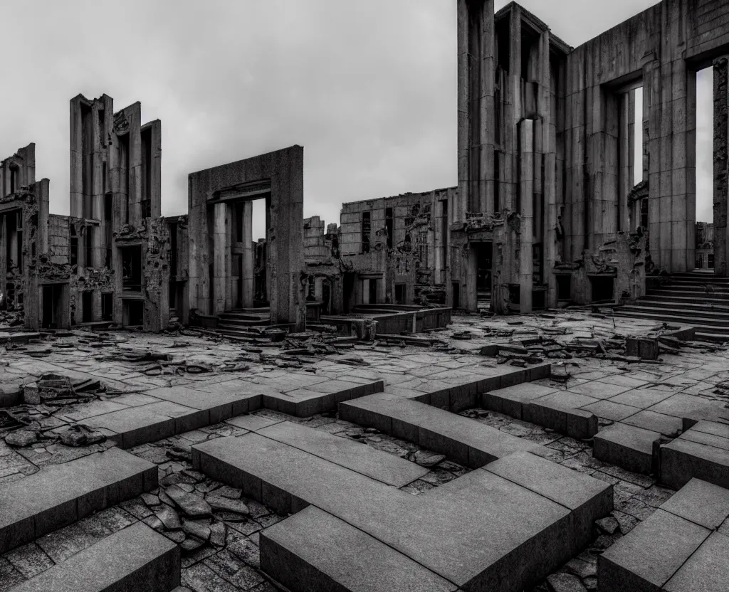 Image similar to wide angle view of a deserted city ruins with brutalism architecture and stone buildings, overcast weather. very detailed, ultra - realistic, 4 k.
