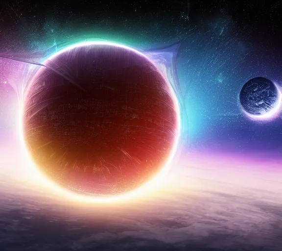 Image similar to planet with a gigantic megastructure tower extending out of its atmosphere. beautiful, epic, realistic, space fantasy scene, futuristic and iridescent crystals