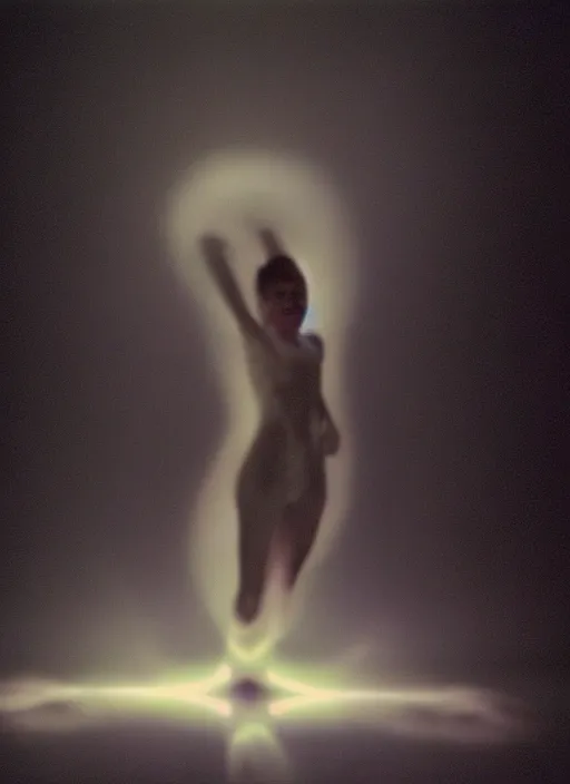 Prompt: a symmetrical female ascending astral projection, liquid glowing aura, motion blur, long exposure, film grain, cinematic lighting, experimental film, shot on 1 6 mm