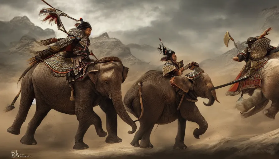 Image similar to matte painting of a beautiful batttlefield of tai ethnic group versus mongol empire, a tai ethnic warlord rides an asian war elephant with emotional movement in the center of the battlefield, digital art trending on artstation,