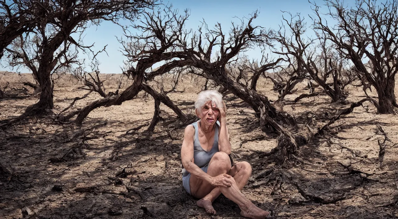 Prompt: 65-year-old Gaia, crying one single tear, facing the camera and sitting on a dried up river in a desolate land, dead trees, blue sky, hot and sunny, highly-detailed, elegant, dramatic lighting, artstation, 4k, cinematic landscape, photograph by Elisabeth Gadd