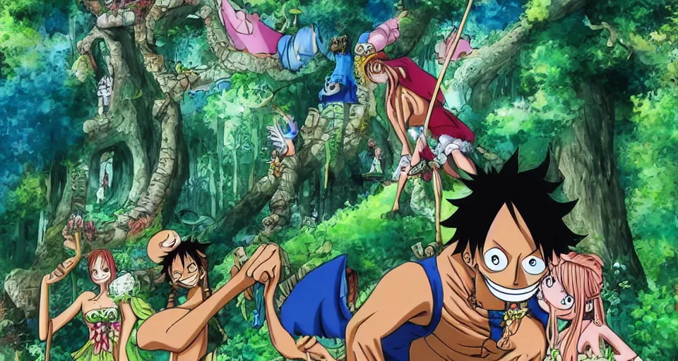 Prompt: Enchanted and magic forest, from One piece
