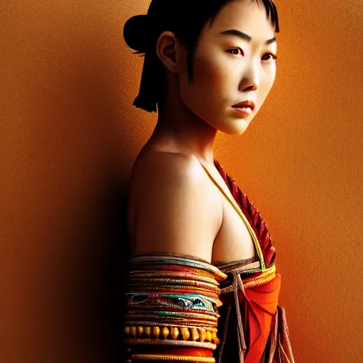 Image similar to portrait of a stunningly beautiful asian tribal female, depth of field, zeiss lens, detailed, symmetrical, centered, fashion photoshoot, by annie leibovitz and steve mccurry, david lazar, jimmy nelsson, breathtaking, 8 k resolution, extremely detailed, beautiful, establishing shot, artistic, hyperrealistic, beautiful face, octane render