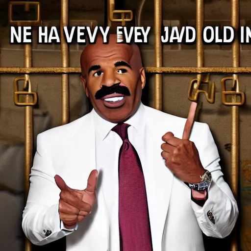 Prompt: Steve Harvey finally put in jail for his crimes inside jail behind bars