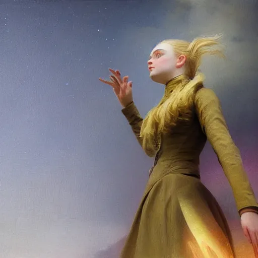 Image similar to a striking hyper real painting of Elle Fanning with cybernetics by Ivan Aivazovsky Buchholz