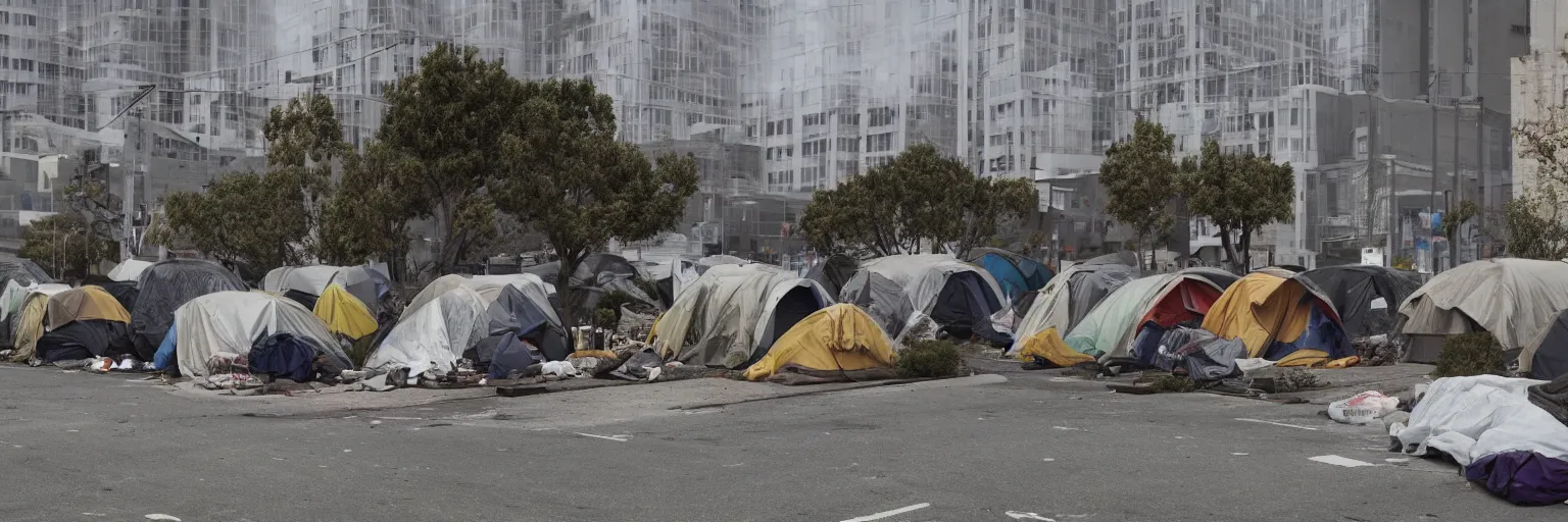 Prompt: Rendering of a homeless camp in San Francisco