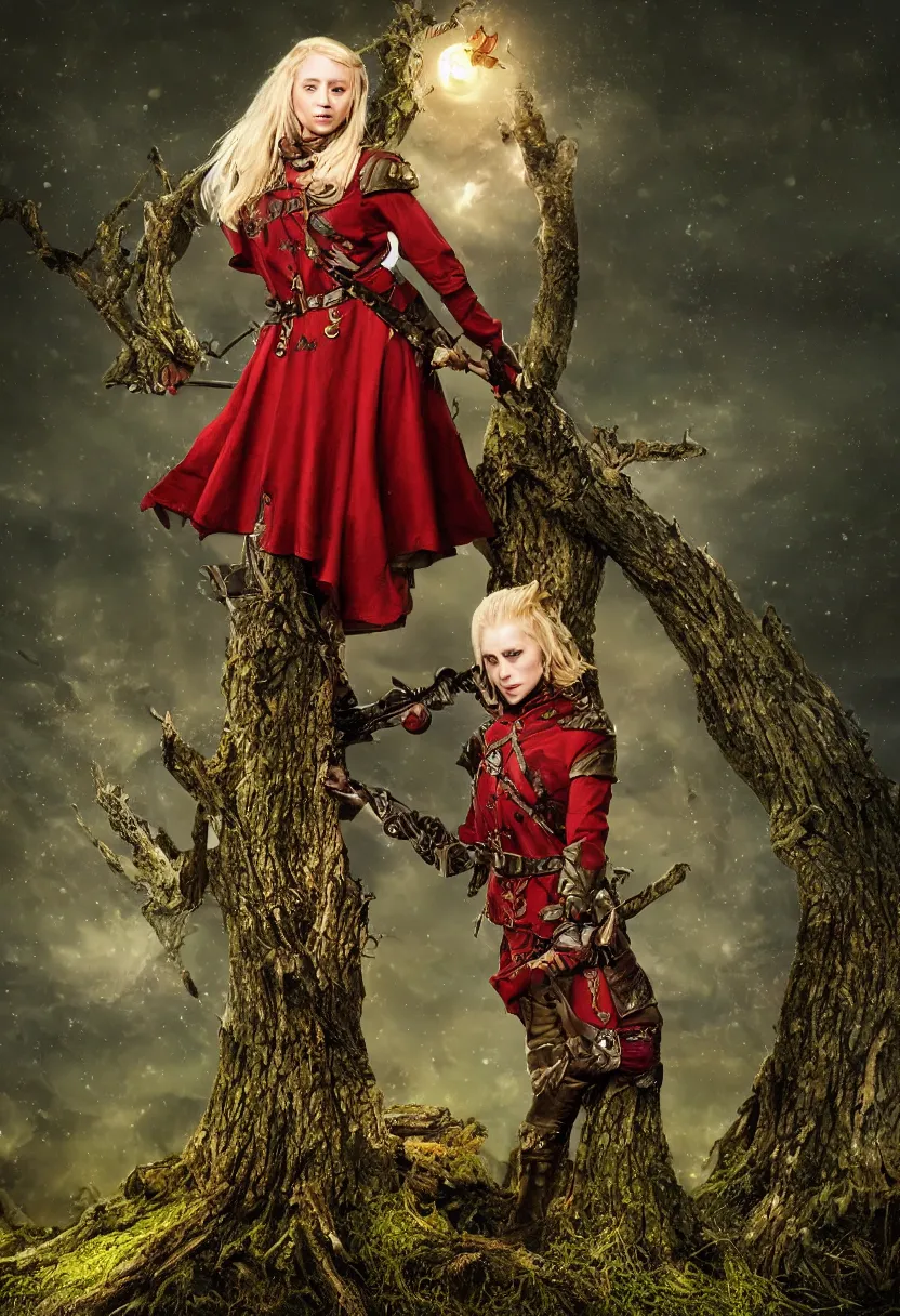 Prompt: a blonde medieval female soldier standing on a short tree stump, green battle coat, deep red lunar eclipse, night, detailed, fantasy, in the style of Gwent, epic composition, red roots background