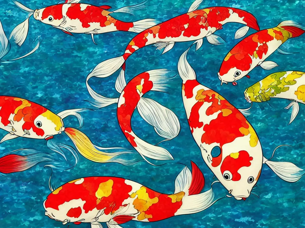 Prompt: colorful koi carp, illustration, concept art, colorful, beautiful, studio ghibli, takashi murakami, aoshima chiho, manga, cute and adorable