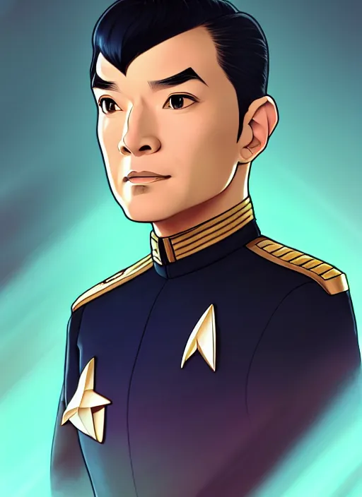 Image similar to cute star trek officer pol pot, natural lighting, path traced, highly detailed, high quality, digital painting, by don bluth and ross tran and studio ghibli and alphonse mucha, artgerm
