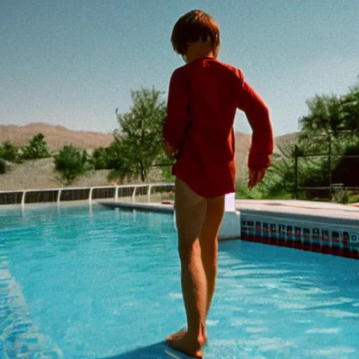 Prompt: young river phoenix standing on a diving board above a pool, red weapon 8 k s 3 5, cooke anamorphic / i lenses, highly detailed, cinematic lighting