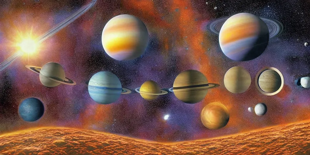 Image similar to Artwork by Tim White of the cinematic view of a solar system of giant diatom planets.