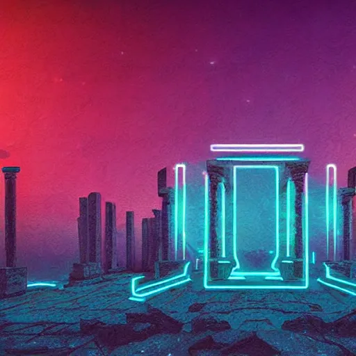 Image similar to neon ancient ruins,retrowave art, trending