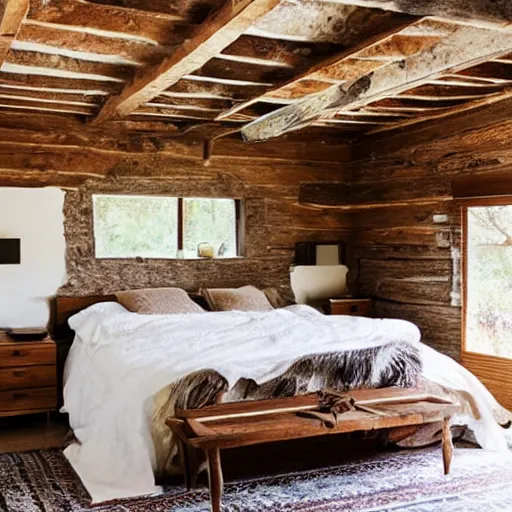 Prompt: bohemian minimalistic rustic bedroom topanga canyon photograph