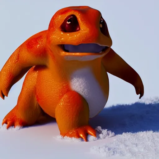 Image similar to charmander made of snow, concept art, octane render, unreal engine 5, highly detailed, high quality, 8 k, soft lighting, realistic face, path traced