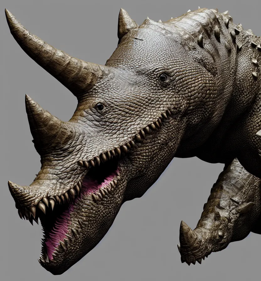 Prompt: antasy creature setting all : crocodile head : : 0. 5 the head has a symmetrical horn and tumor, and there is a rhino horn at the front of the beak, and the mouth is open to reveal a mouth full of fangs with huge wings, full body rich detail realistic photoreal photorealistic octane render 8 k