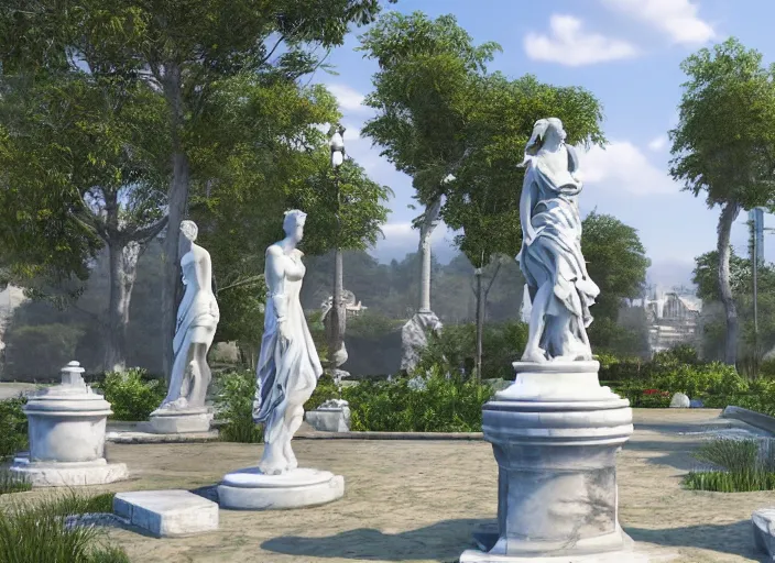 Prompt: a park with many marble statues, unreal engine,