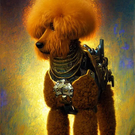 Prompt: portrait of a male furry poodle dog in jeans. shadowrun furaffiniy cyberpunk fantasy highly detailed painting by gaston bussiere craig mullins jc leyendecker gustav klimt artgerm greg rutkowski john berkey, bergey, craig mullins, ruan jia, raymond swanland, jeremy mann, tom lovell, alex malveda