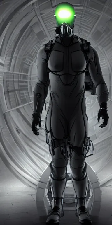 Image similar to full body cinematic shot of a male time traveling intelligence agent in a black and greyscale sealed continuity suit stepping through an arched time travel gateway with glowing keystone, masculine, simple and functional with gaiter-style gas mask, a mix between splinter cell and metal gear solid by alphonse mucha