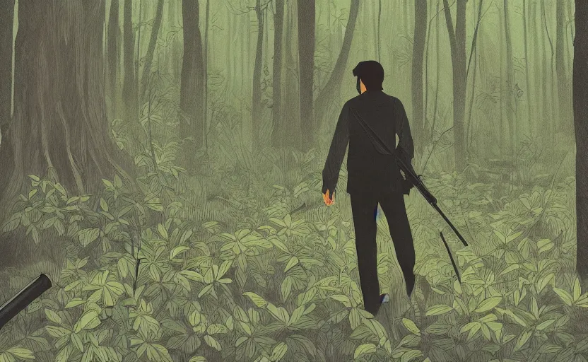 Prompt: stephen king film of a man alone in a lush green forest, japanese illustration, 1 9 8 0 s, tense, man is carrying a rifle, alone, matte illustration,