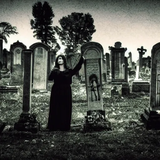Image similar to A selfie of a woman, with a spooky filter applied, in a dark and eerie graveyard, with headstones and crypts visible in the background, in a Halloween style.