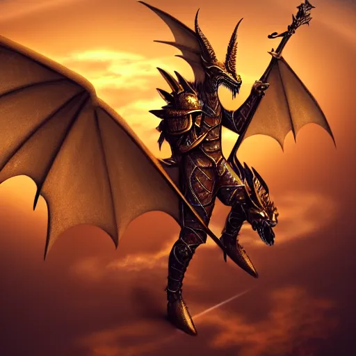 Image similar to an anthro winged dragon in a golden medieval armor, holding a sword, digital art, fantasy art, matte painting, trending on Artstation