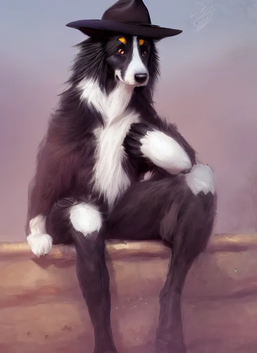 Image similar to wide angle beautiful full body portrait of a strong male anthropomorphic anthro border collie fursona in cowboy hat sitting on a curb, character design by charlie bowater, henry asencio, and ross tran, disney, detailed, sharp focus, matte, aesthetic, trending on artstation, furaffinity, deviantart