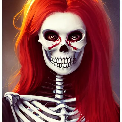 Image similar to cute & beautiful smug smiling undead skeleton girl with very attractive face and red hair dressed as a cheeleader, elegant, digital art, fullbody painting, fantasy, pixar style, painting, pin up, highly detailed, artstation, art by artgerm, vrubel, greg rutkowski, ilya kuvshinov, raymond swanland