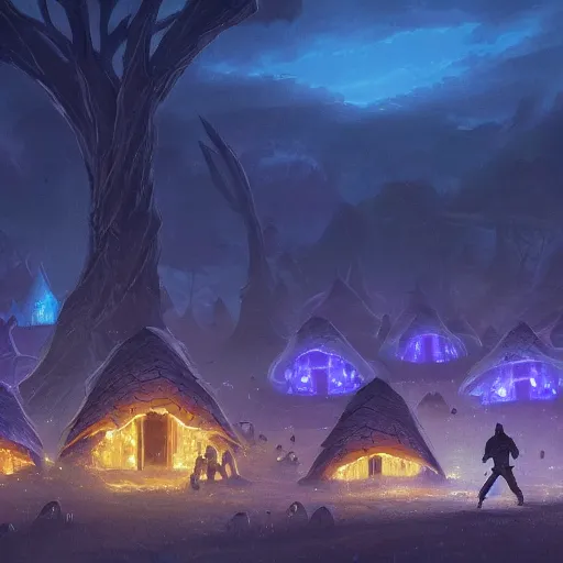 Prompt: concept art painting of a fantasy alien nighttime landscape of houses made of mushrooms, with glowing blue lights, dark purple sky, realistic, detailed, cel shaded, in the style of makoto shinkai and greg rutkowski and albert bierstadt and james gurney