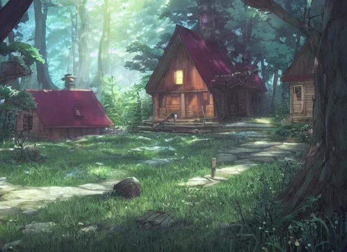 Prompt: A witches cabin in the woods, peaceful and serene, incredible perspective, soft lighting, anime scenery by Makoto Shinkai and studio ghibli, very detailed