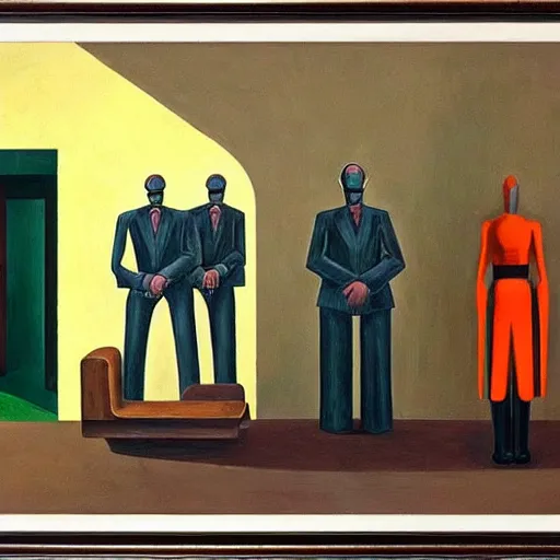 Image similar to prisoners, robotic guards, human subjugation, mind control, dystopian, pj crook, edward hopper, oil on canvas