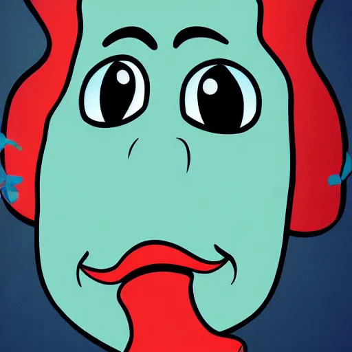 Image similar to cartoon style, strong chin, big lips, handsome squidward portrait, vivid colors