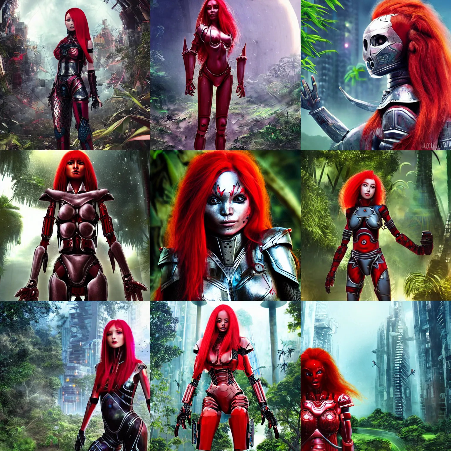 Prompt: humanoid alien warrior girl with red hair in full armor in a futuristic city in the jungle / hyper realistic