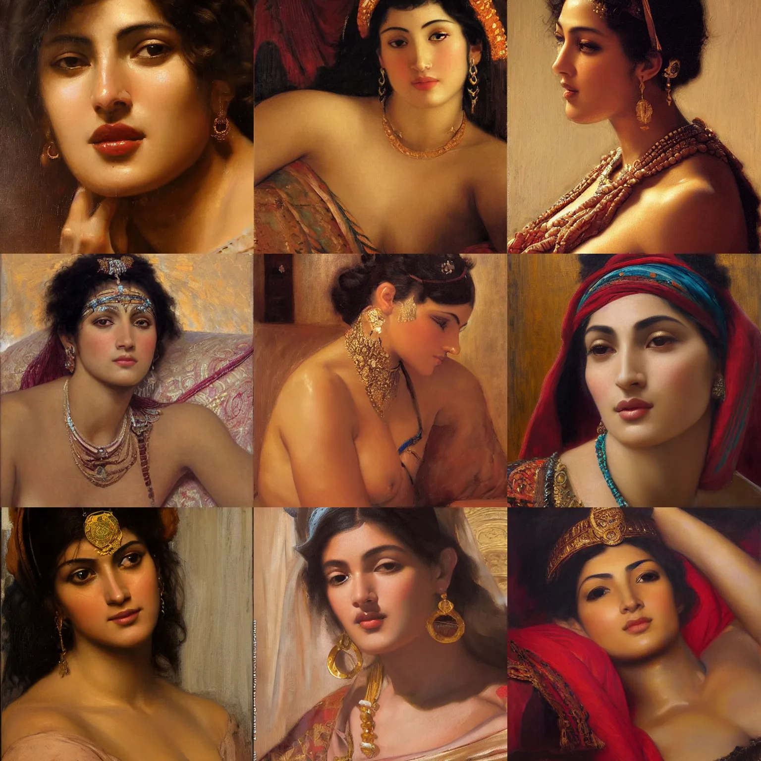 Prompt: orientalism face detail of a beautiful odalisque with thick blunt bangs and dark curls brown skin by edwin longsden long and theodore ralli and nasreddine dinet and adam styka, masterful intricate art. oil on canvas, excellent lighting, high detail 8 k
