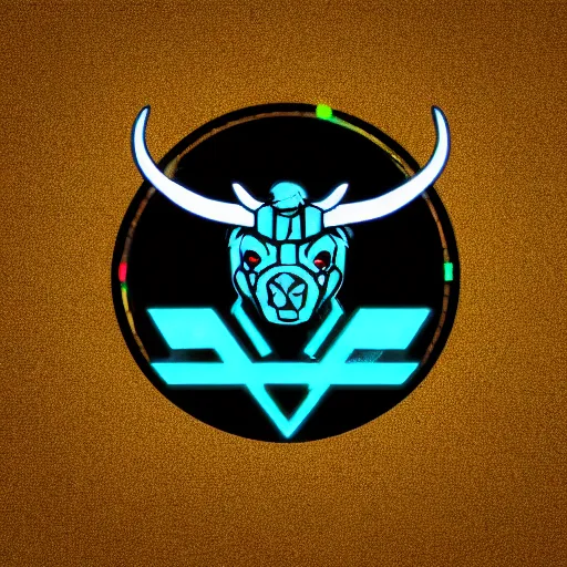 Prompt: stylized cyberpunk minotaur logo, cyan, matrix rain background