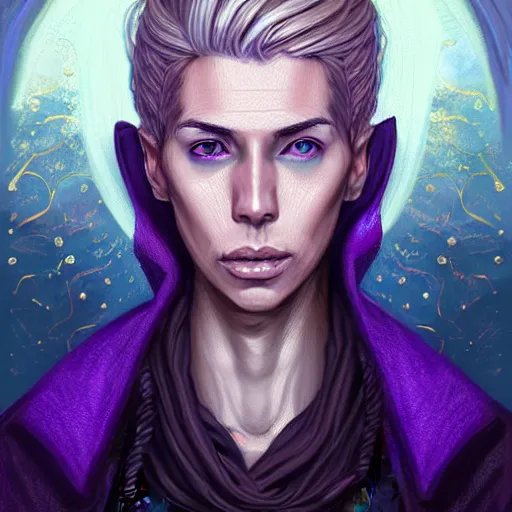 Image similar to portrait of an androgynous human mage, with dirty blonde hair, purple eyes, dnd, high fatnasy, intricate, elegant, highly detailed, digital painting, artstation, concept art, smooth, sharp focus, illustration, by anato finnstark, boissb - blanca. j, cindy avelino, clint cearley, anna podedworna