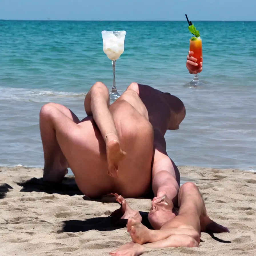 Prompt: voldemort sunbathing at the beach with a cocktail in his hand