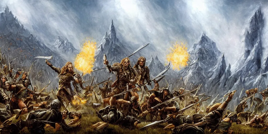Prompt: epic middle earth battlefield painting