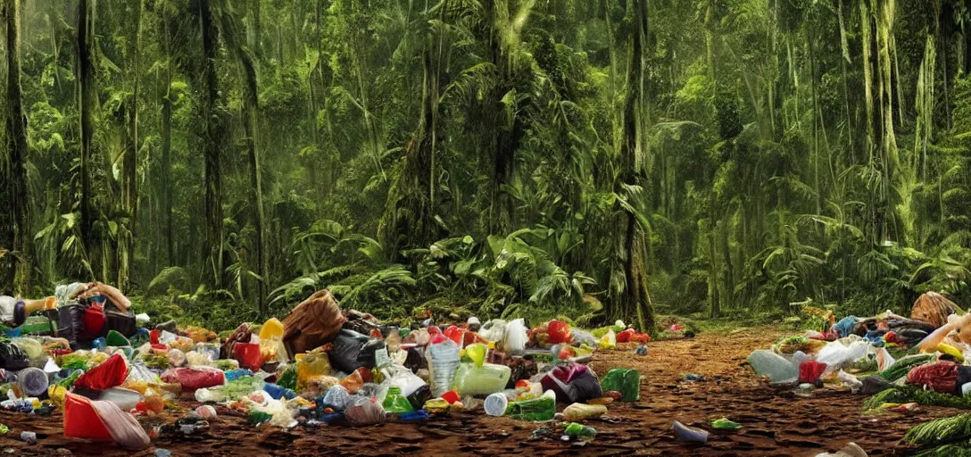 Prompt: a very high resolution image from a new movie. amazon forest landscape, garbage plastic, fast food,. photorealistic, photography, directed by anthony russo