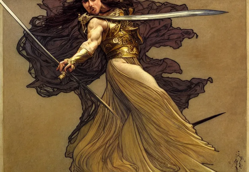 Prompt: a golden swordsman wielding two swords leans back as he dances elegantly in the wind, his robes and long hair flowing in the breeze, his enemies lying on the ground below, fantasy, Mucha, MTG, Game of Thrones, salsa dancing, Rossetti, Millais, anatomically correct