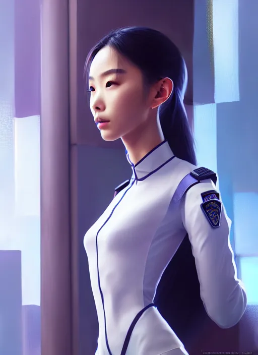 Image similar to portrait of angelababy, futuristic hong kong police uniform girl, au naturel, hyper detailed, digital art, trending in artstation, cinematic lighting, studio quality, smooth render, unreal engine 5 rendered, octane rendered, art style by klimt and nixeu and ian sprigger and wlop and krenz cushart