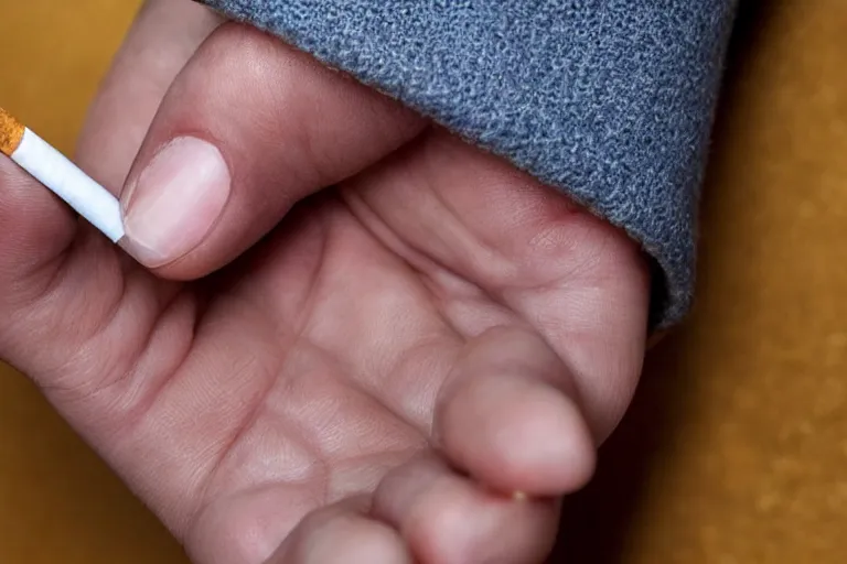 Image similar to Close-up of cigarette in five fingers, thin soft hand holding cigarette, hyper realistic, natural