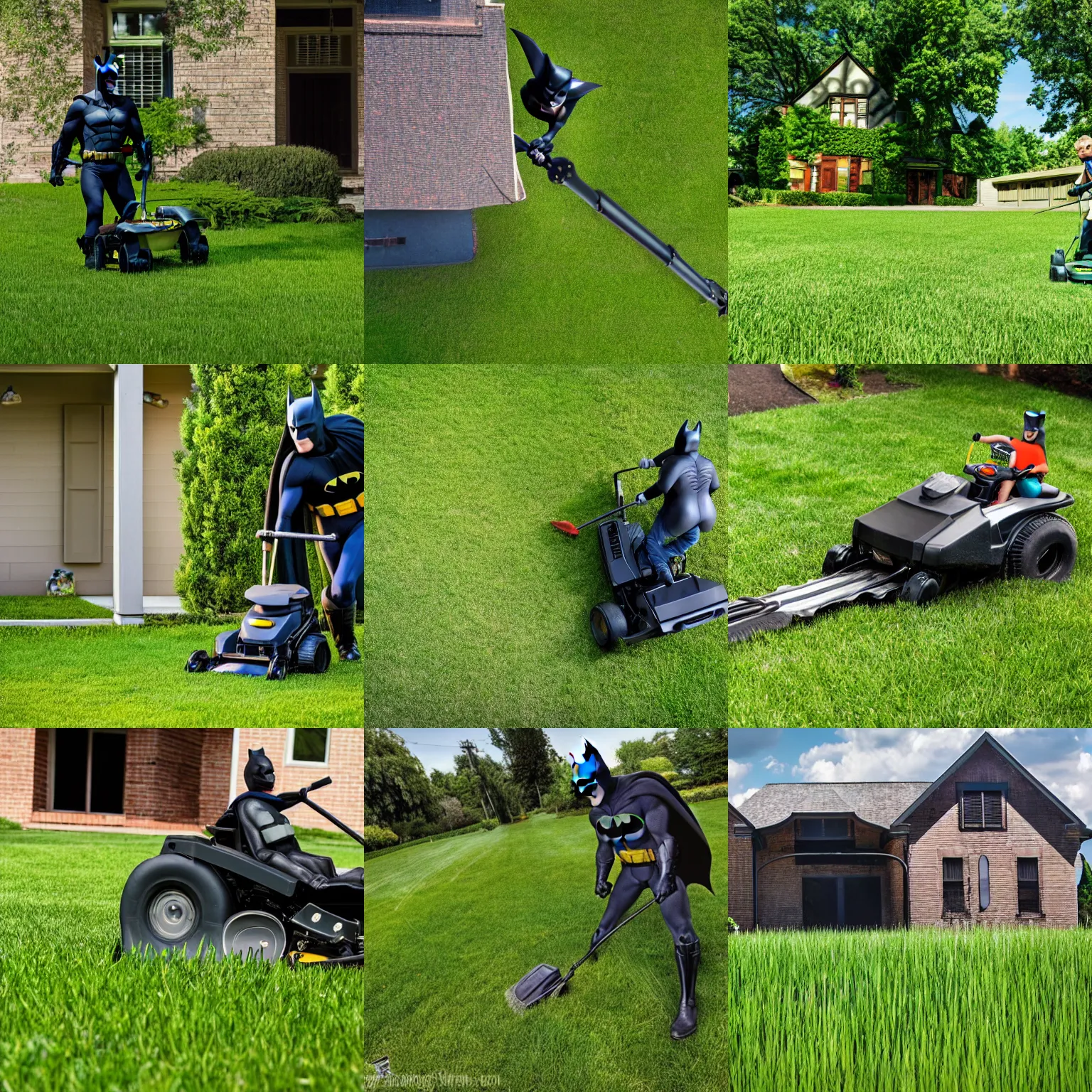 Prompt: batman mowing the lawn, property with tall grass being mowed, photograph 4 k