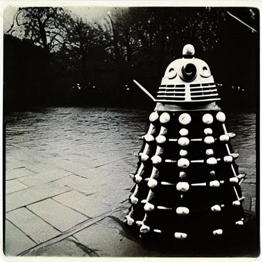 Image similar to oldschool dalek in London, riverbank, mist, beautiful polaroid photo, by Warhol,