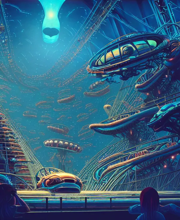 Image similar to a roller coaster made out of alien creatures, biological forms, internal organs, in the style of an asymmetrical spaceship, surrounded by fireflies, apocalyptic environment, by dan mumford, yusuke murata, makoto shinkai, ross tran, cinematic, unreal engine, cel shaded, featured on artstation, pixiv