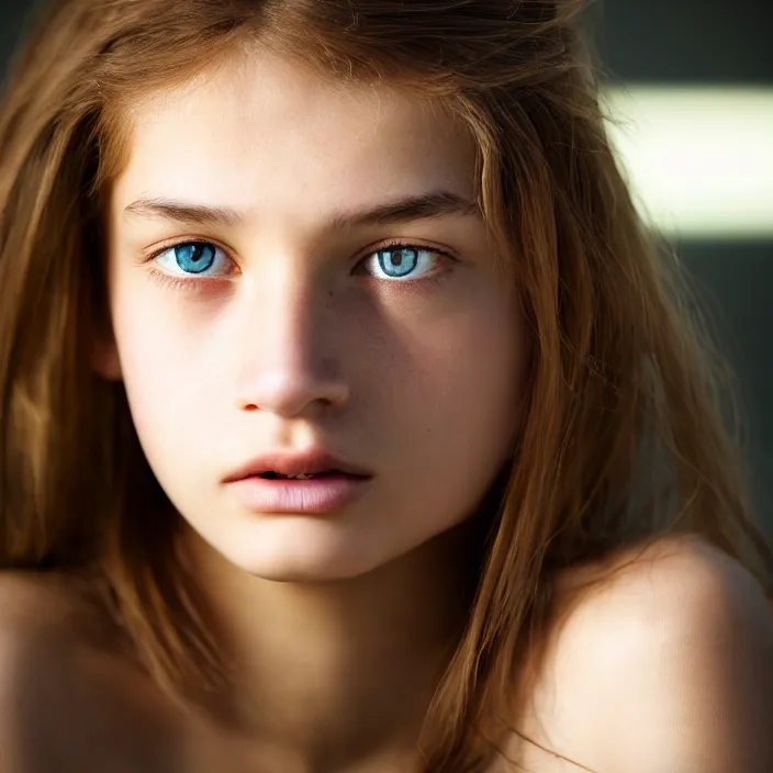 Image similar to photographic Close-up face of a extremely beautiful girl and light brown hair , high light on the left, Sharp focus, cinematic lighting ,non-illuminated backdrop, illuminated by a dramatic light, volumetric light, Low key lighting, light dark, High constrast, dramatic , Steve Mccurry, Norman Rockwell, Craig Mulins ,dark background, high quality, photo-realistic, 8K