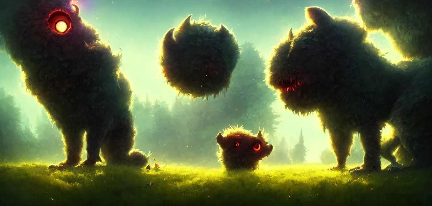 Prompt: shaggy fluffy cute 🥰 monsters glowing eyes, detailed, concept art, low angle, high detail, warm lighting, volumetric, godrays, vivid, beautiful, trending on artstation, by jordan grimmer, huge scene, grass, art greg rutkowski