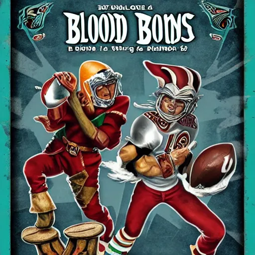 Prompt: blood bowl game poster, elves playing versus humans, intense game, nfl style, high quality, in style of tarantino