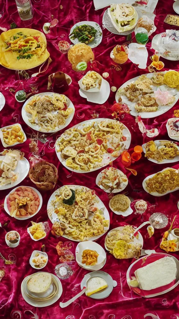 Prompt: 6 0 s food photography of a lavish spread of disgusting and strange party foods, on a velvet table cloth, soft focus